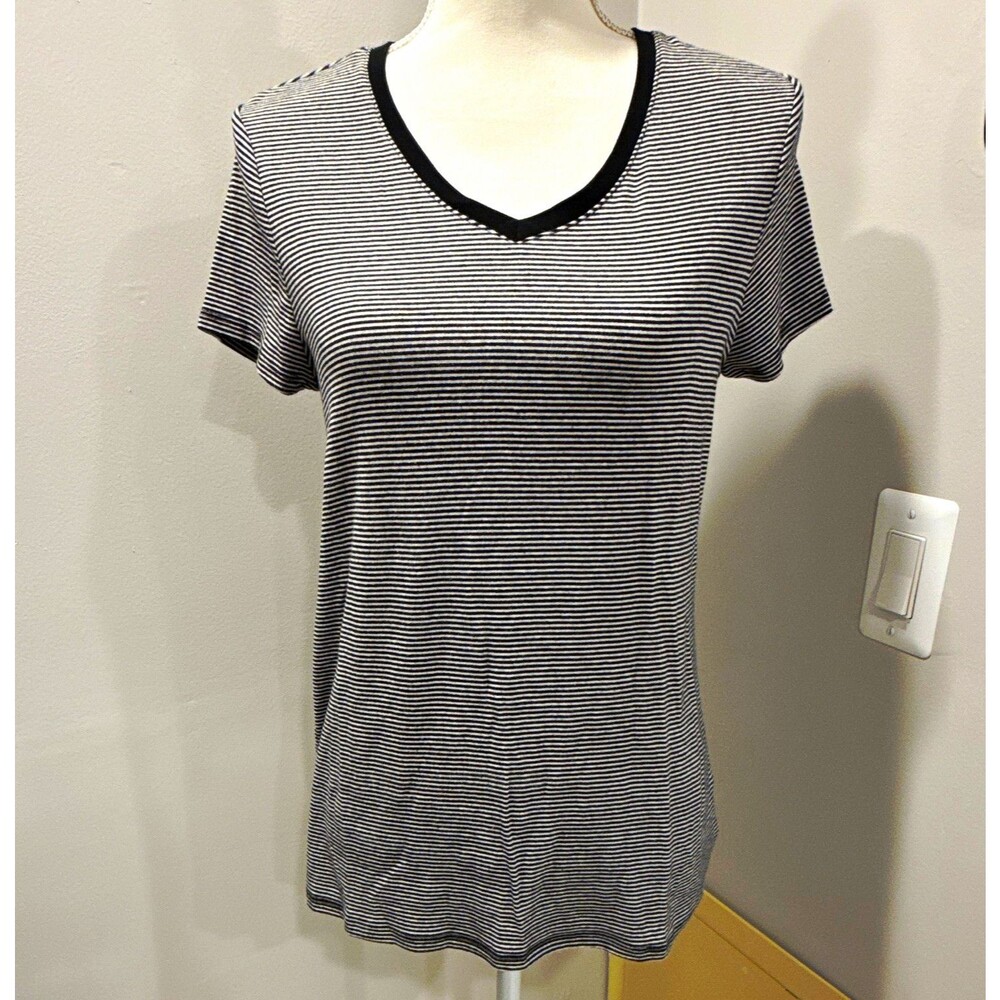 Faded Glory Black White Striped V-Neck Short Sleeve Stretch Knit Tee L 12-14